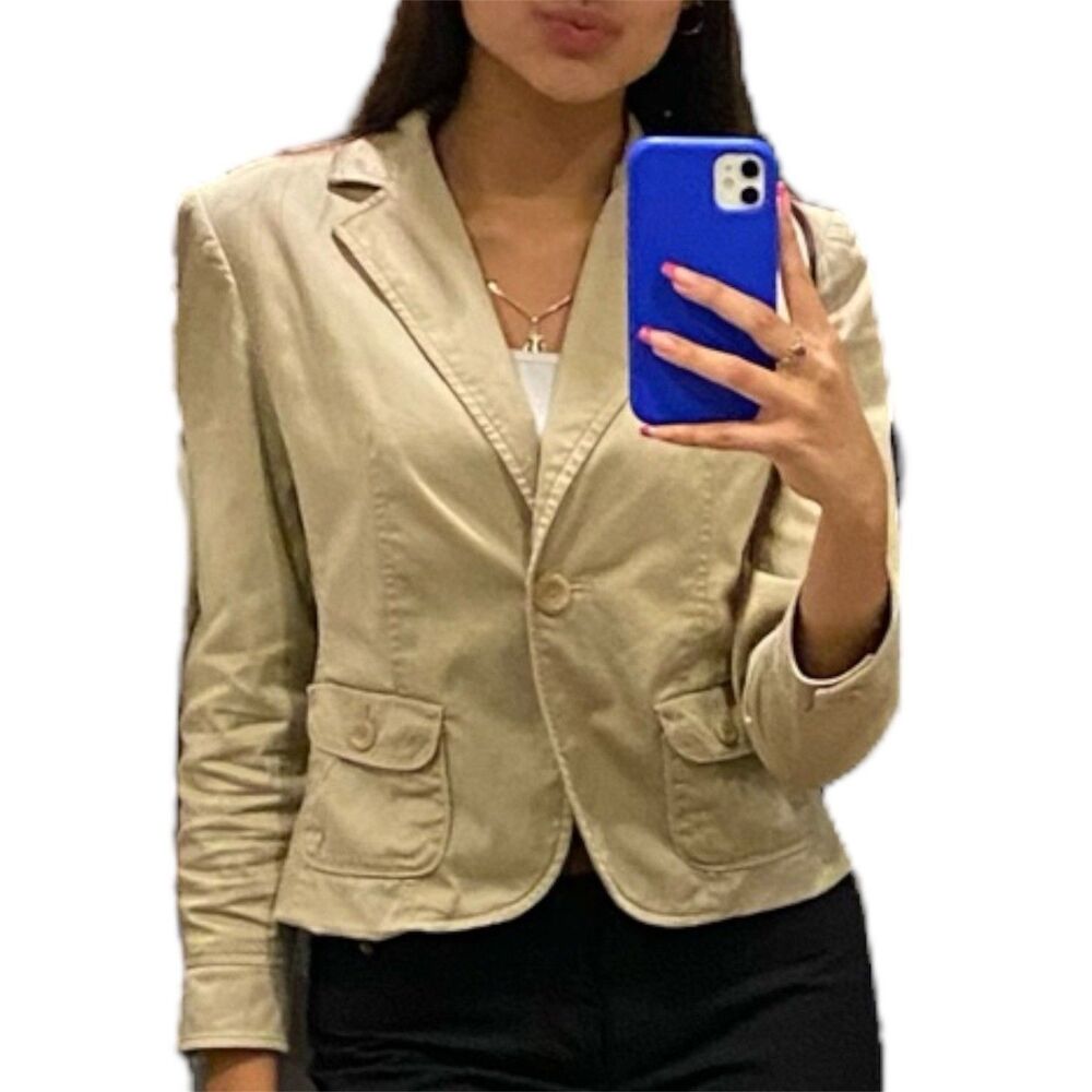 Petite Sophisticate Blazer Jacket Size 4 Khakis Workwear Tan Stretch Pockets